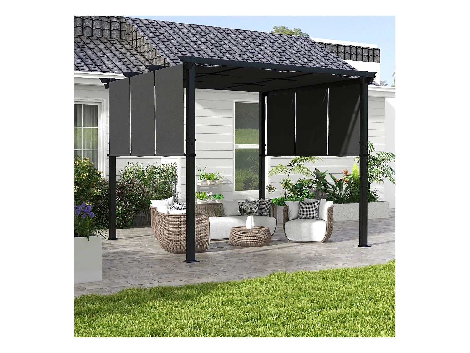 Pergola 3 toiles coulissantes - dim. 2,97L x 2,97l x 2,38H m - acier époxy polyester haute densité anthracite