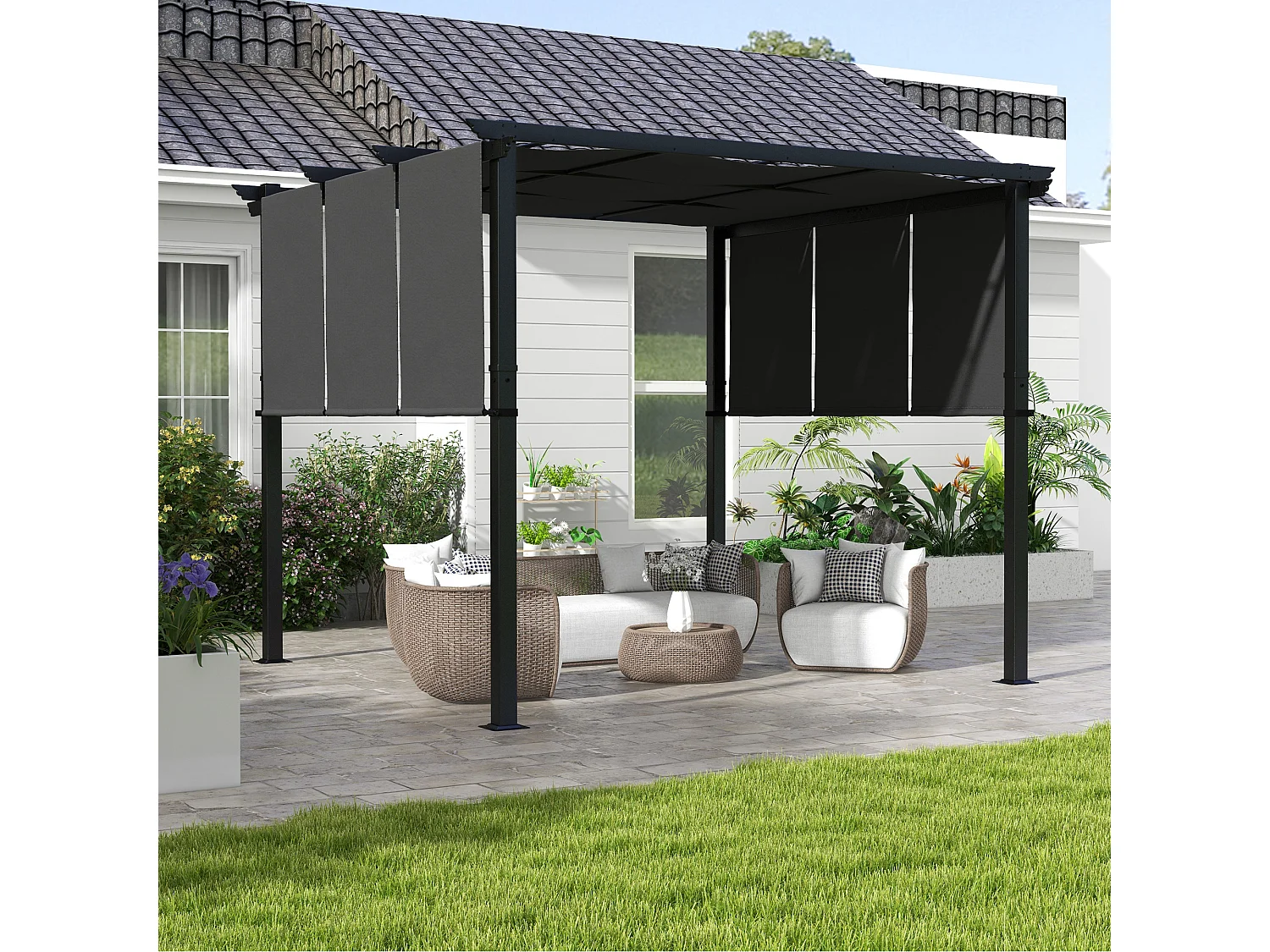 Pergola 3 toiles coulissantes - dim. 2,97L x 2,97l x 2,38H m - acier époxy polyester haute densité anthracite