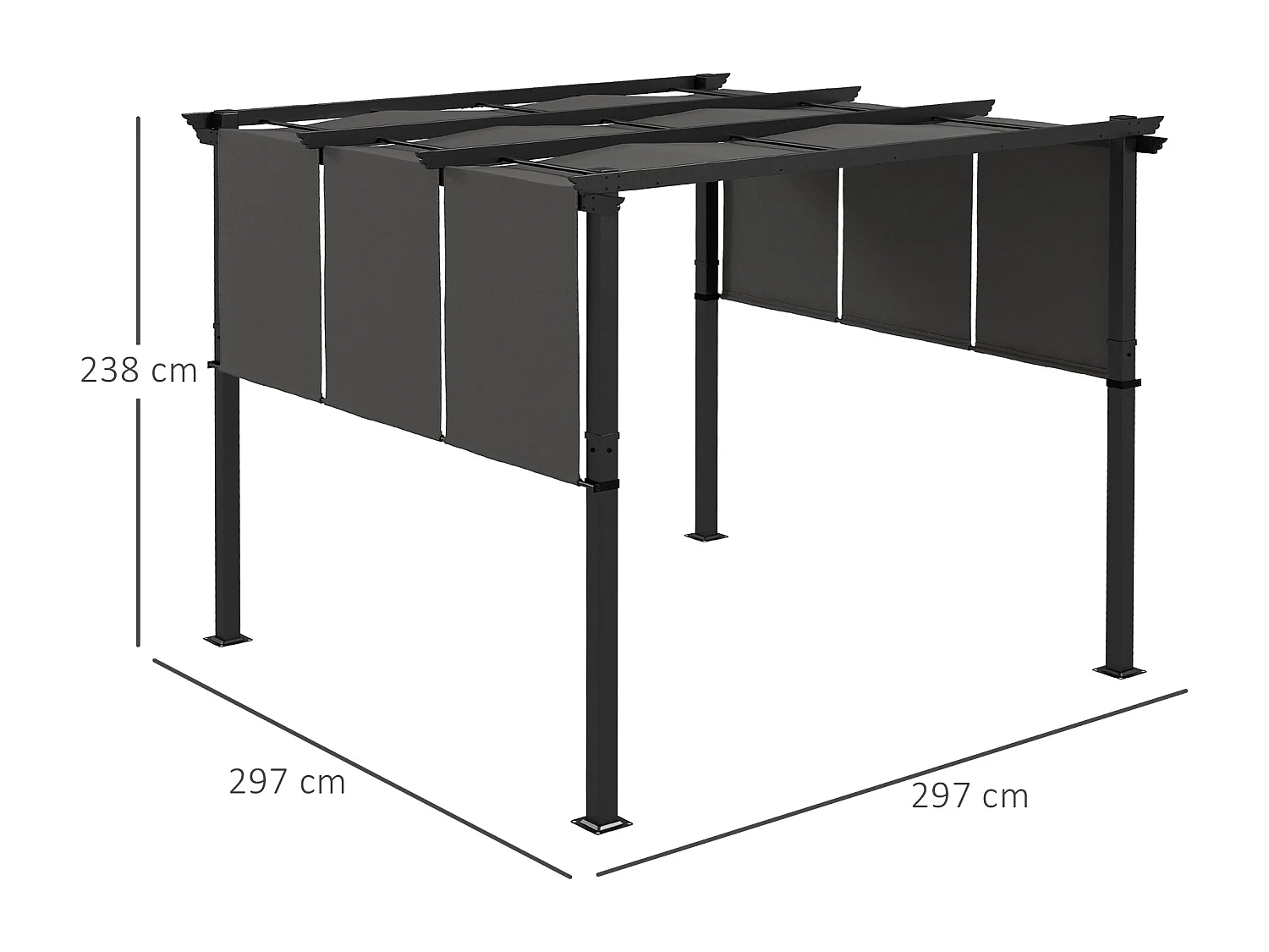 Pergola 3 toiles coulissantes - dim. 2,97L x 2,97l x 2,38H m - acier époxy polyester haute densité anthracite