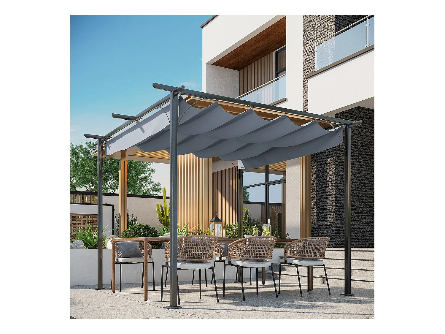 Pergola rétractable 3L x 3l x 2,30H m structure métal époxy anticorrosion noire + toile polyester haute densité 180 g/m² incluse gris