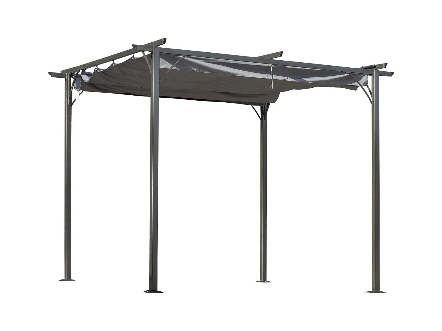 Pergola rétractable 3L x 3l x 2,30H m structure métal époxy anticorrosion noire + toile polyester haute densité 180 g/m² incluse gris