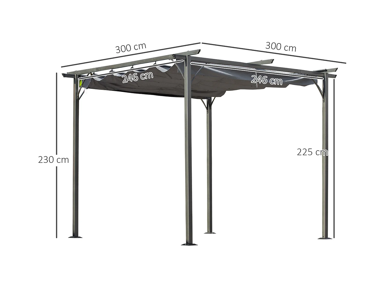 Pergola rétractable 3L x 3l x 2,30H m structure métal époxy anticorrosion noire + toile polyester haute densité 180 g/m² incluse gris