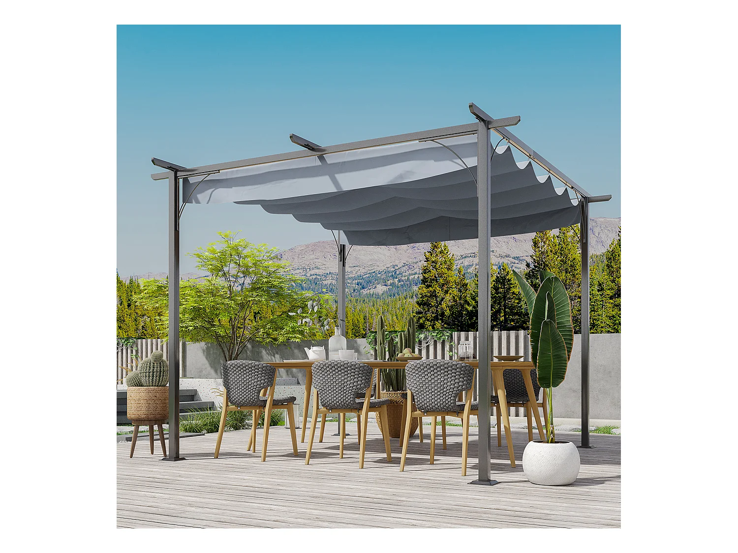 Pergola rétractable 3L x 3l x 2,30H m structure métal époxy anticorrosion noire + toile polyester haute densité 180 g/m² incluse gris