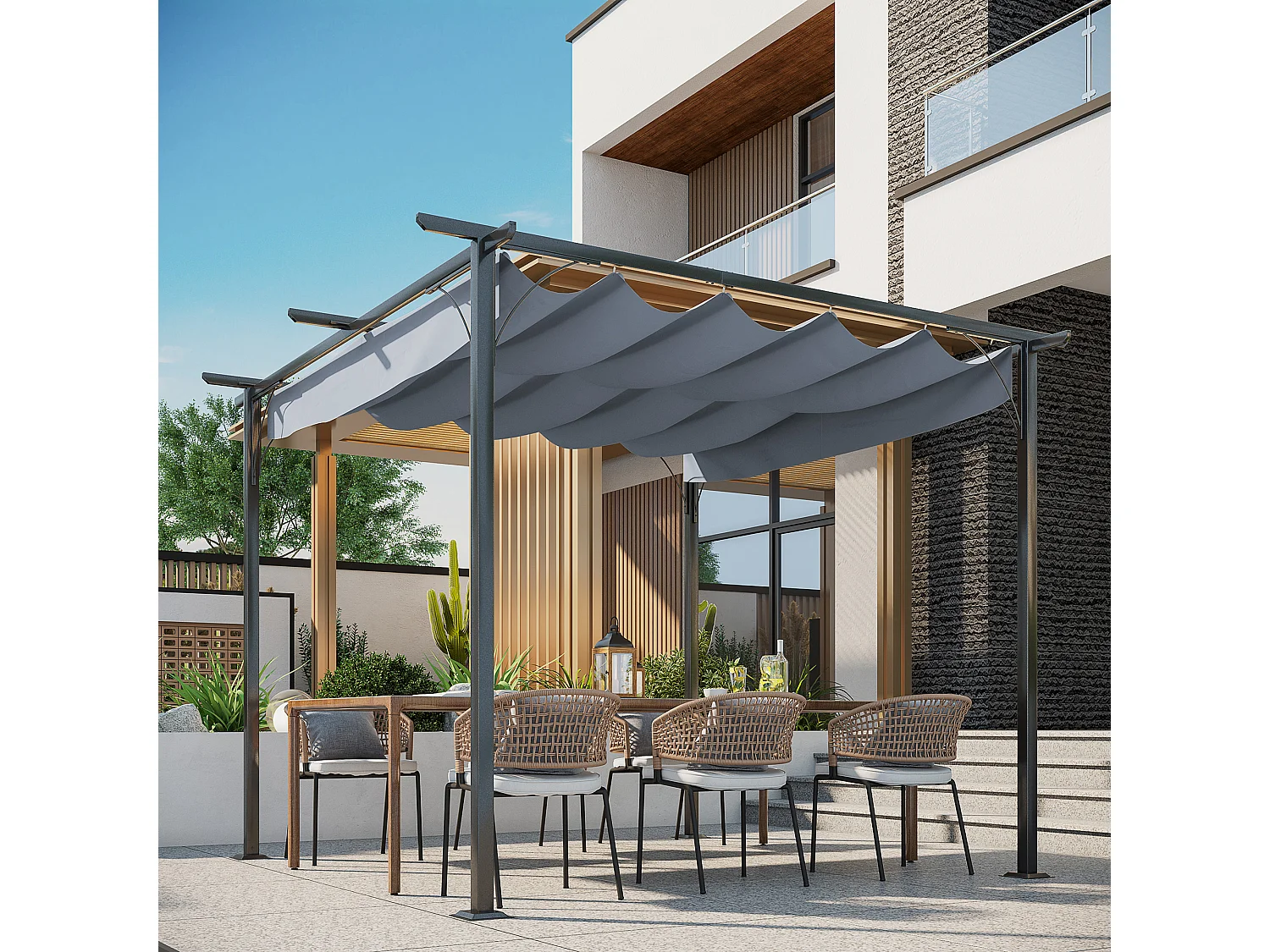Pergola rétractable 3L x 3l x 2,30H m structure métal époxy anticorrosion noire + toile polyester haute densité 180 g/m² incluse gris