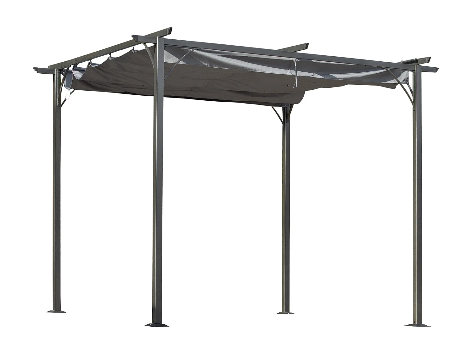 Pergola rétractable 3L x 3l x 2,30H m structure métal époxy anticorrosion noire + toile polyester haute densité 180 g/m² incluse gris