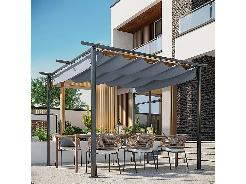 Pergola rétractable 3L x 3l x 2,30H m structure métal époxy anticorrosion noire + toile polyester haute densité 180 g/m² incluse gris