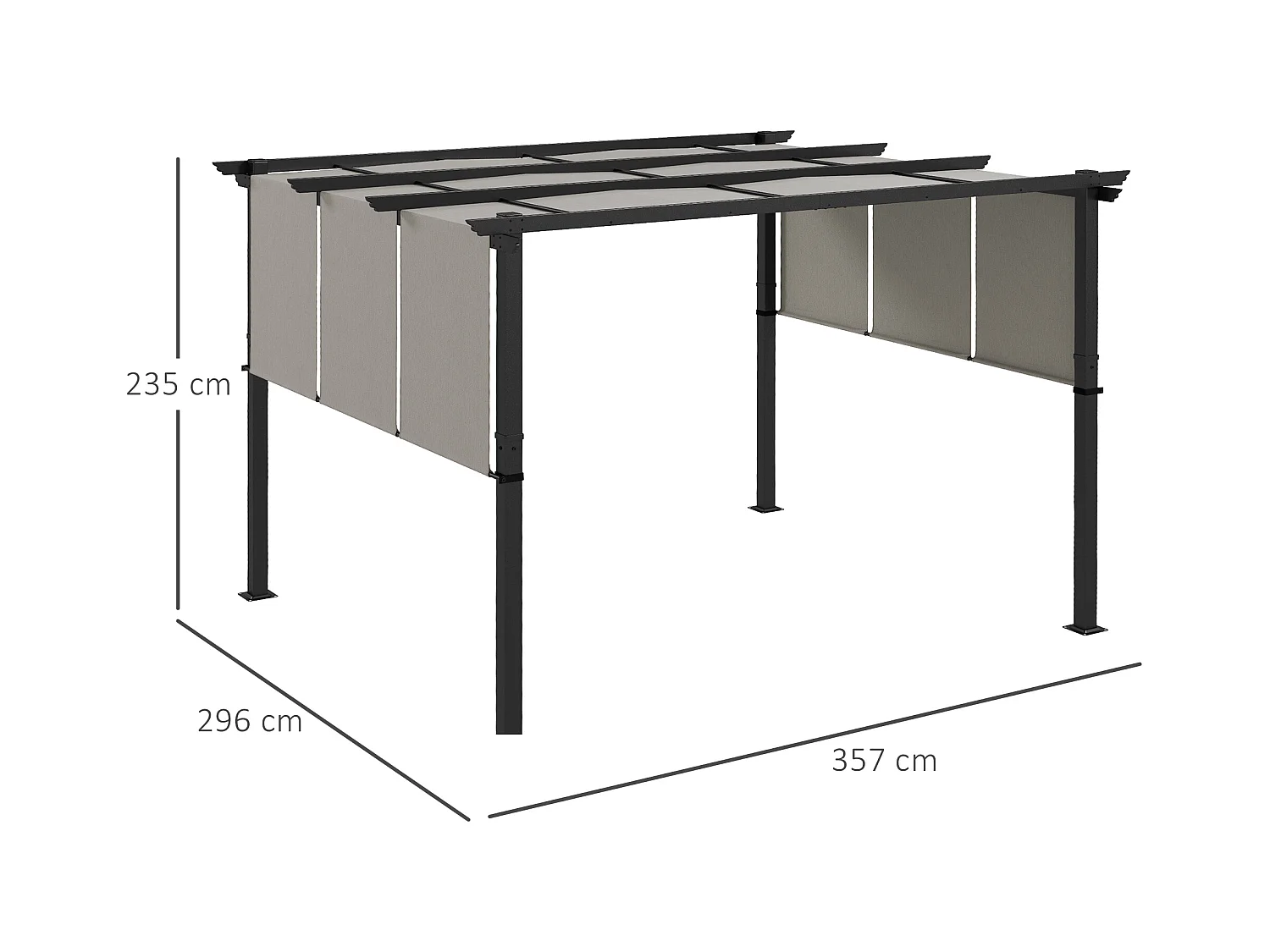 Pergola 3 toiles coulissantes - dim. 3,57L x 2,96l x 2,35H m - acier époxy noir polyester haute densité gris