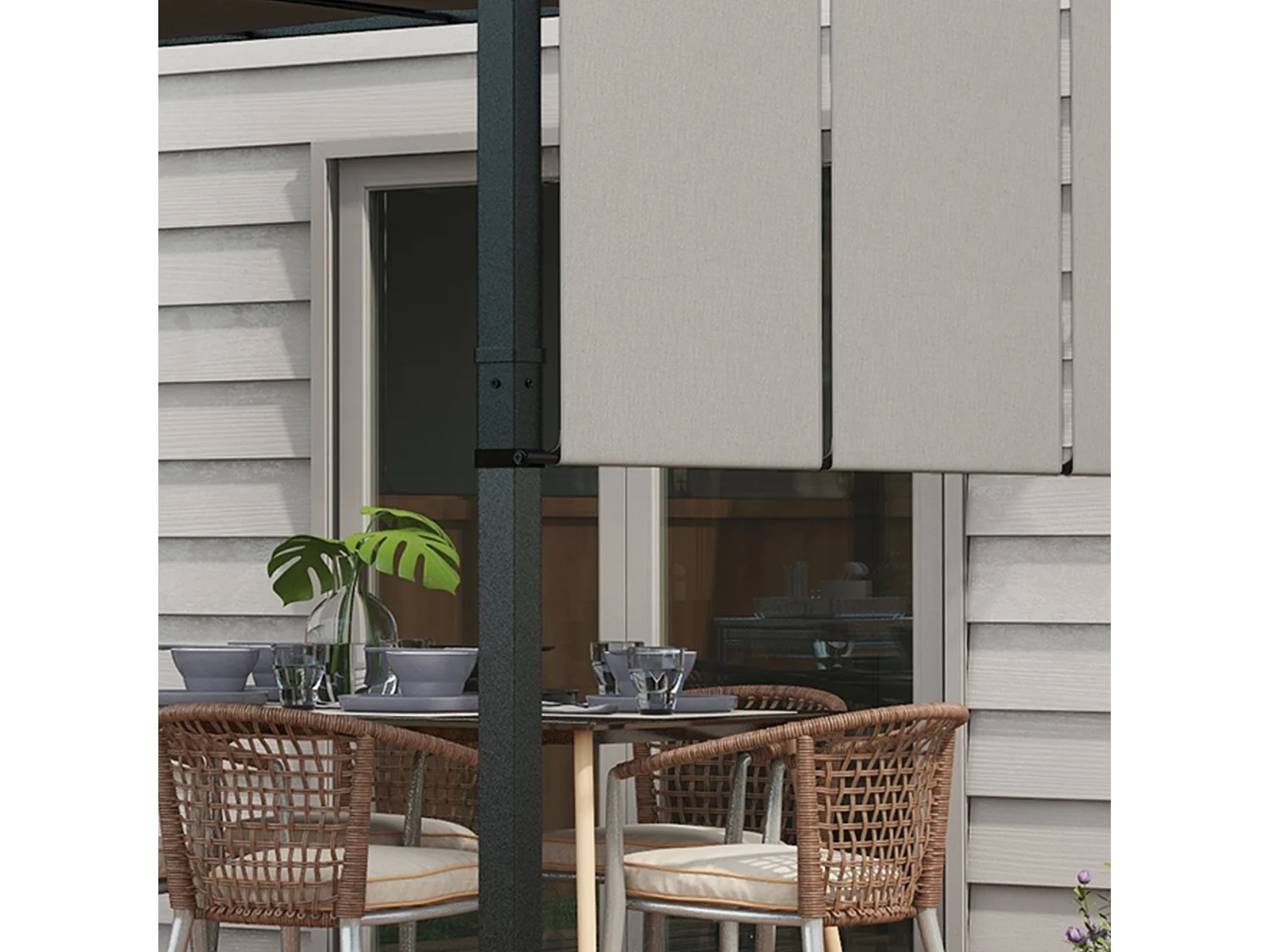 Pergola 3 toiles coulissantes - dim. 3,57L x 2,96l x 2,35H m - acier époxy noir polyester haute densité gris