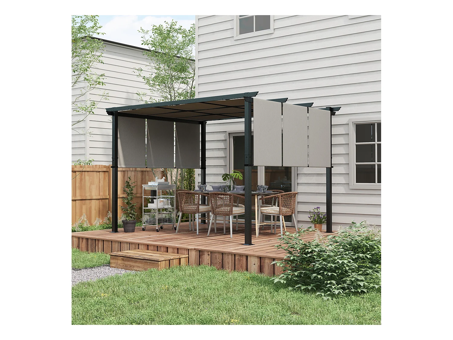 Pergola 3 toiles coulissantes - dim. 3,57L x 2,96l x 2,35H m - acier époxy noir polyester haute densité gris