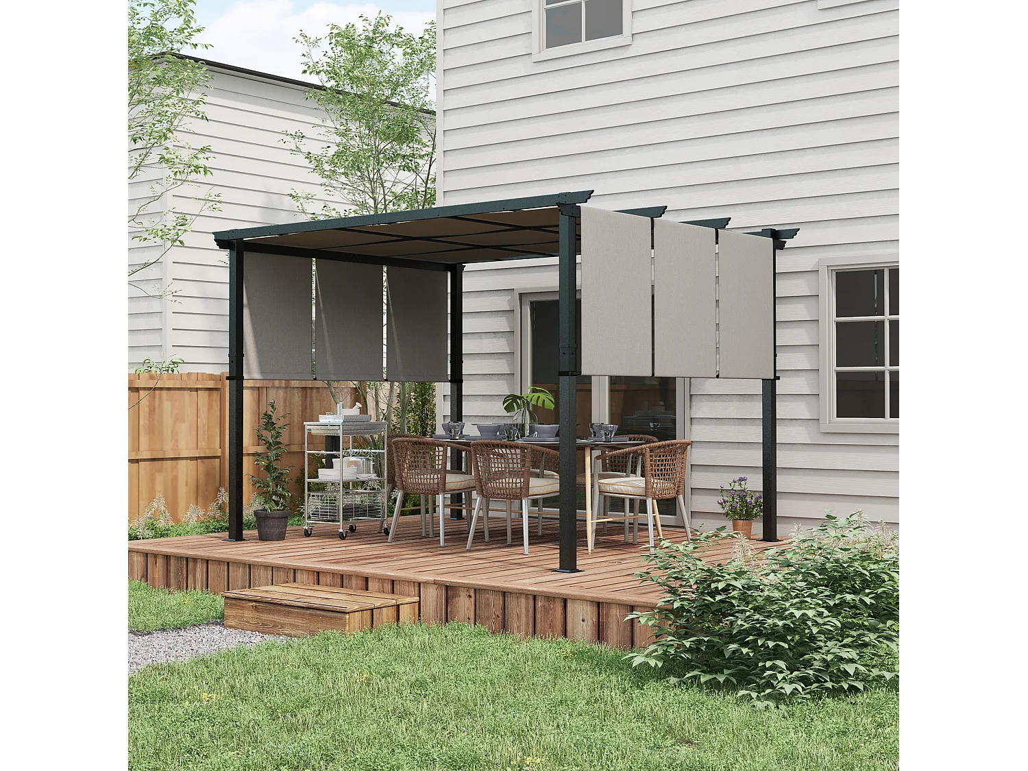 Pergola 3 toiles coulissantes - dim. 3,57L x 2,96l x 2,35H m - acier époxy noir polyester haute densité gris