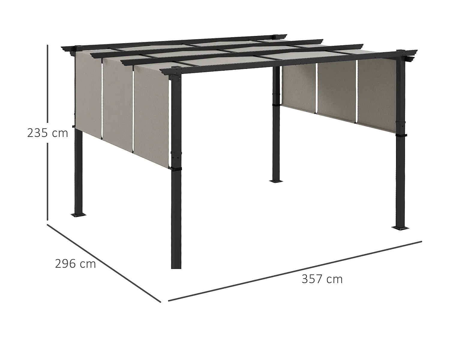 Pergola 3 toiles coulissantes - dim. 3,57L x 2,96l x 2,35H m - acier époxy noir polyester haute densité gris