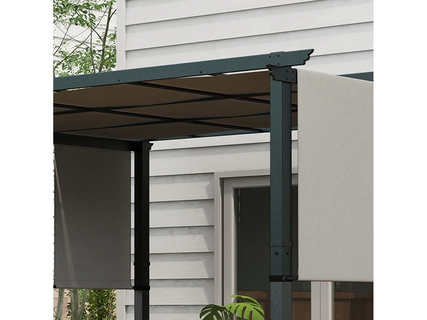 Pergola 3 toiles coulissantes - dim. 3,57L x 2,96l x 2,35H m - acier époxy noir polyester haute densité gris