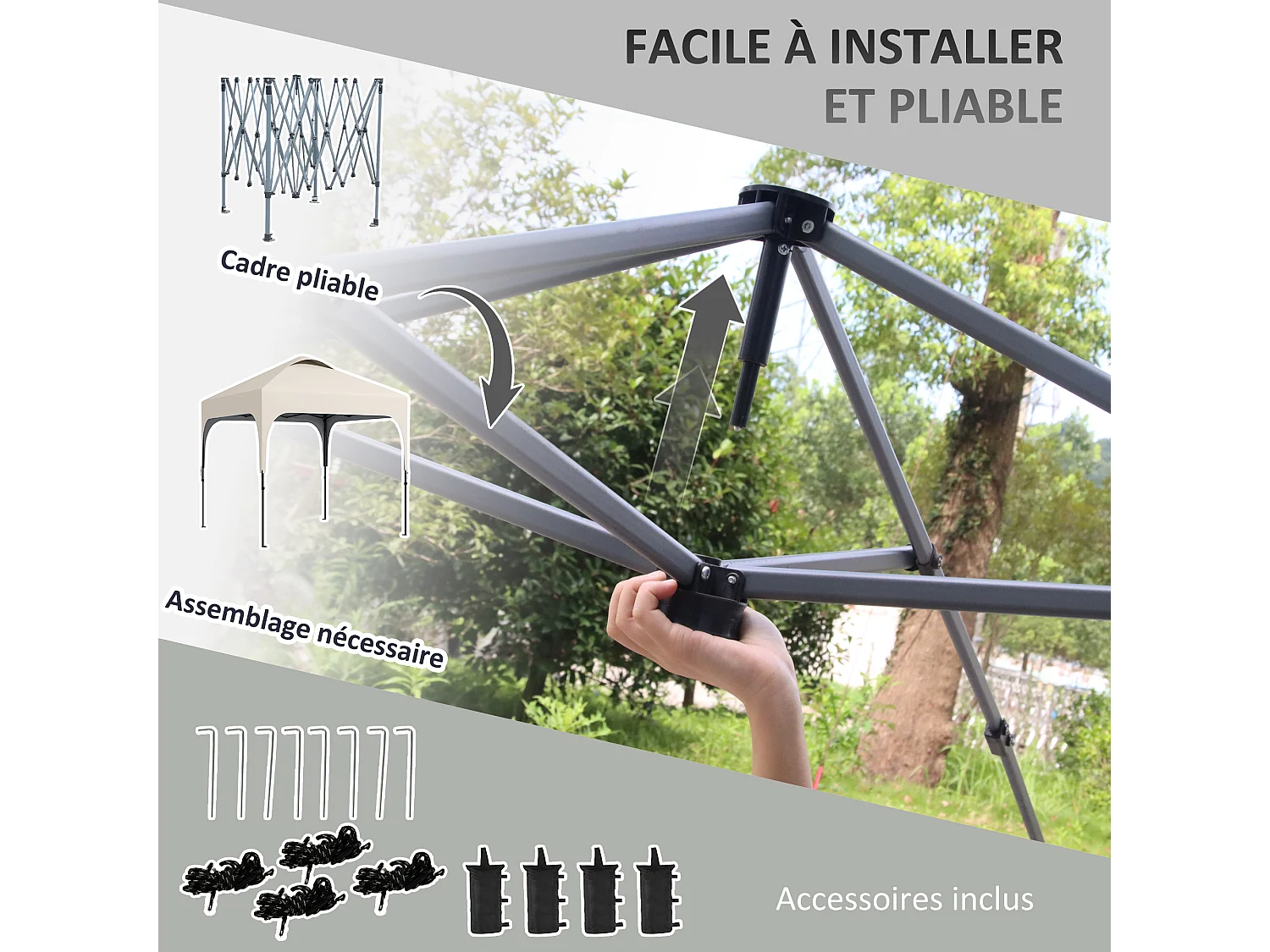 Tonnelle barnum automatique pop-up dim. 2,53L x 2,53l x 2,68H m hauteur réglable nombreux accessoires inclus acier oxford beige