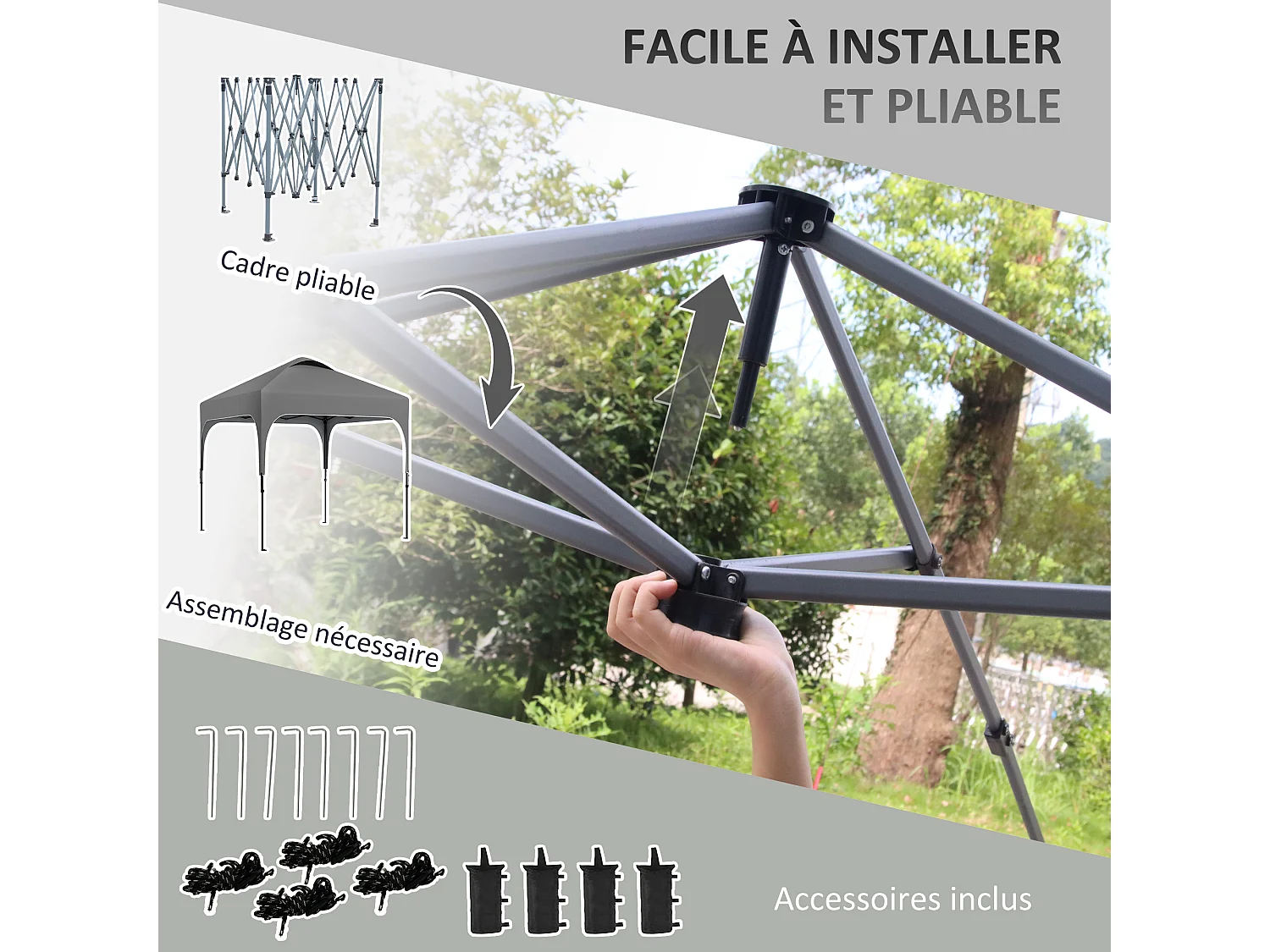 Tonnelle barnum automatique pop-up dim. 2,53L x 2,53l x 2,68H m hauteur réglable nombreux accessoires inclus acier oxford gri