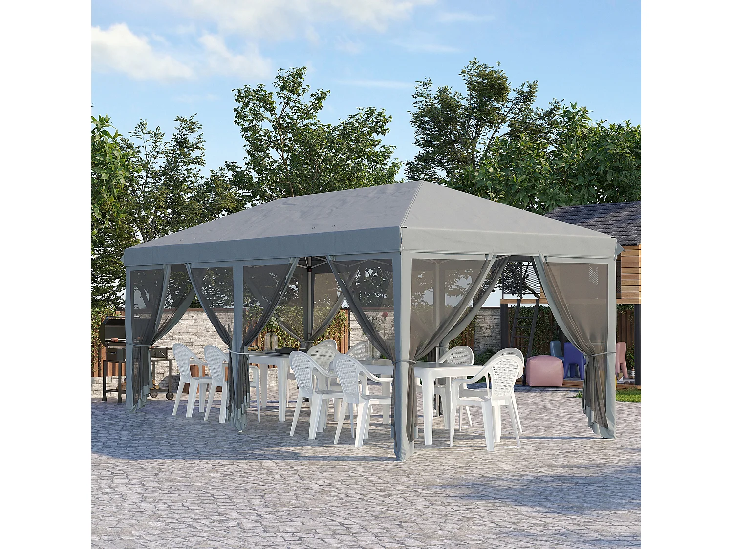 Tonnelle barnum pliant style colonial dim. 5,85L x 2,95l x 2,7H m 6 moustiquaires sac de transport gris