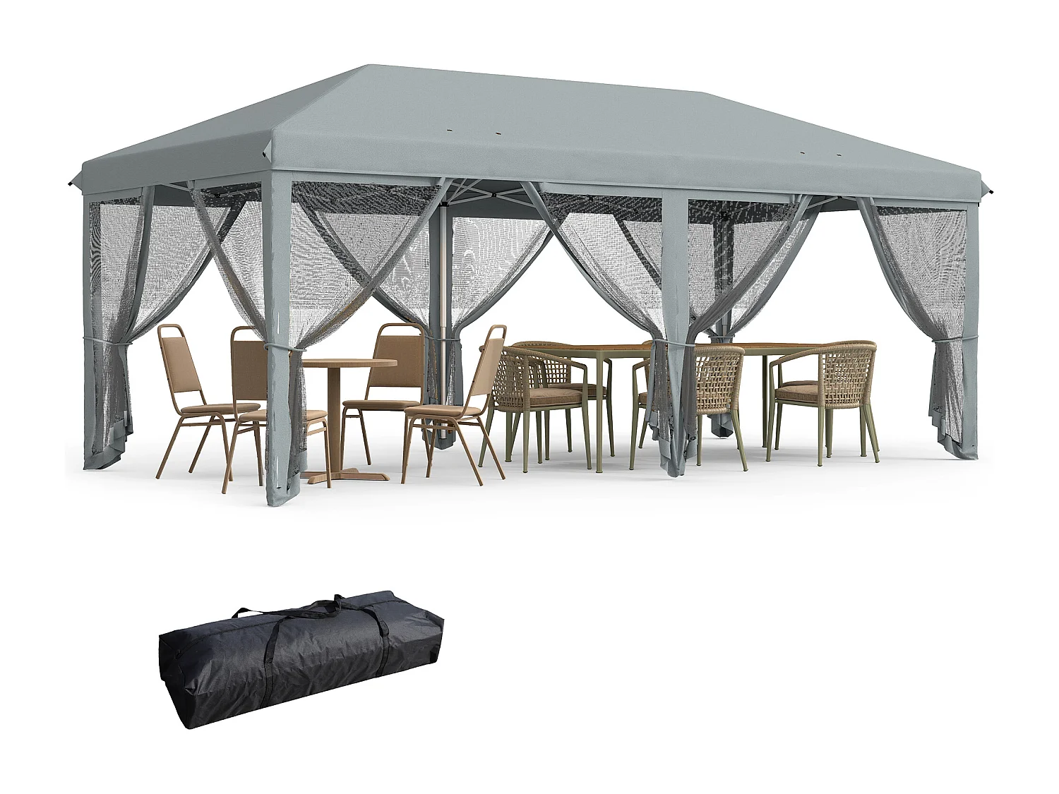 Tonnelle barnum pliant style colonial dim. 5,85L x 2,95l x 2,7H m 6 moustiquaires sac de transport gris