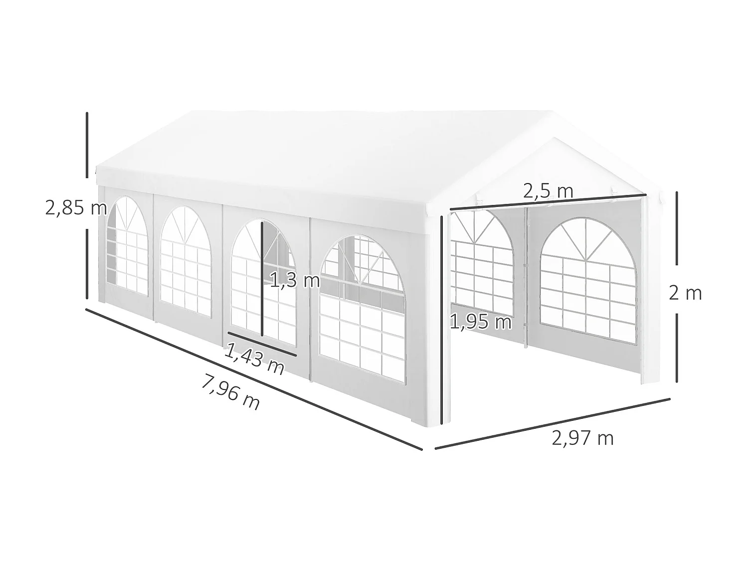 Tente de réception tonnelle barnum dim. 7,96L x 2,97l x 2,85H m 2 portes zippées acier galvanisé PE blanc