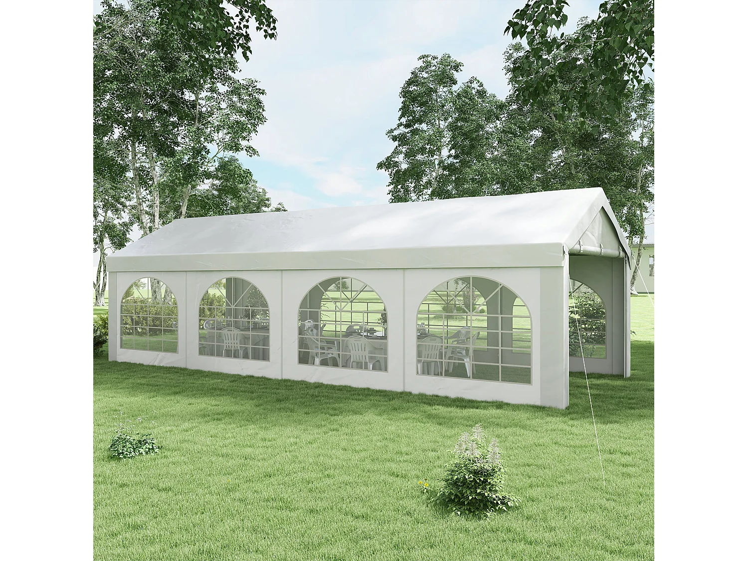 Tente de réception tonnelle barnum dim. 7,96L x 2,97l x 2,85H m 2 portes zippées acier galvanisé PE blanc