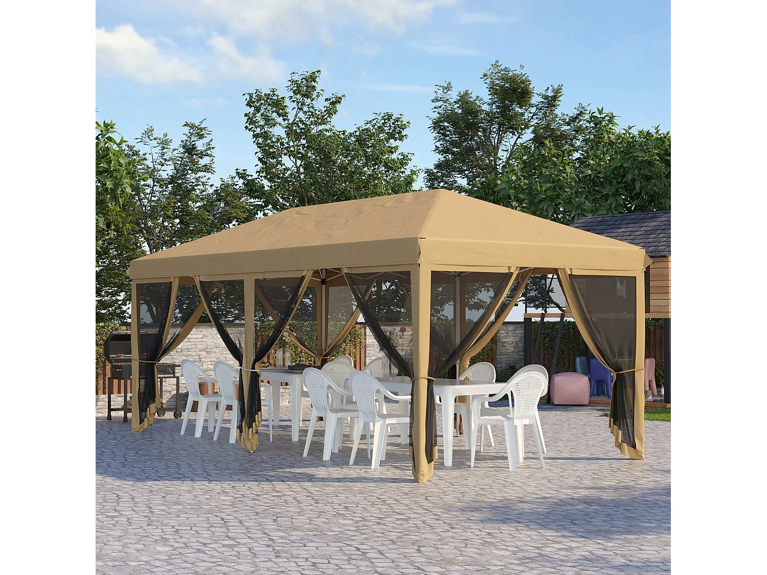 Tonnelle barnum pliant style colonial dim. 5,85L x 2,95l x 2,7H m 6 moustiquaires sac de transport beige noir