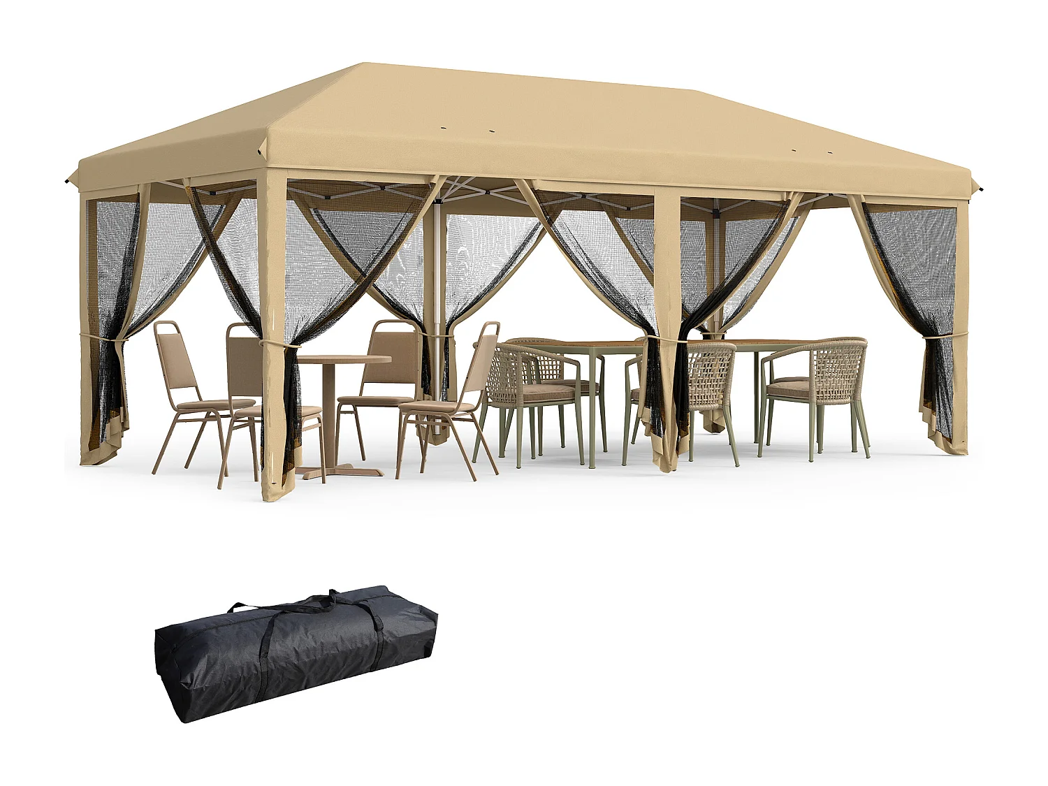Tonnelle barnum pliant style colonial dim. 5,85L x 2,95l x 2,7H m 6 moustiquaires sac de transport beige noir