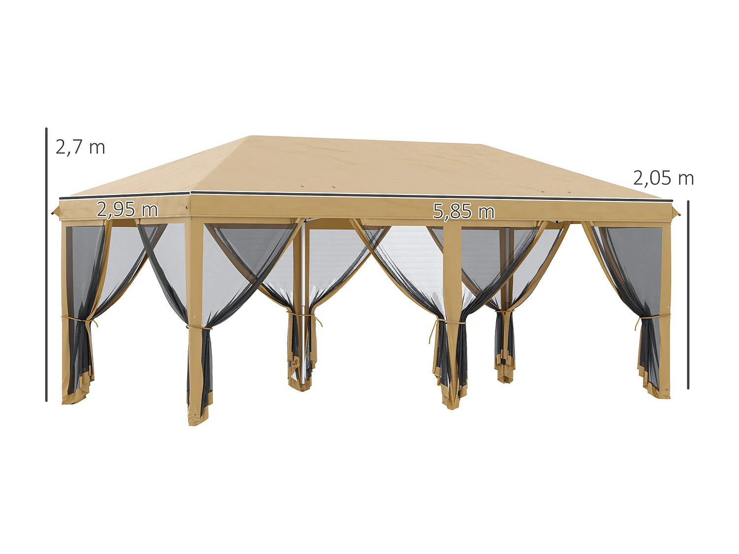 Tonnelle barnum pliant style colonial dim. 5,85L x 2,95l x 2,7H m 6 moustiquaires sac de transport beige noir