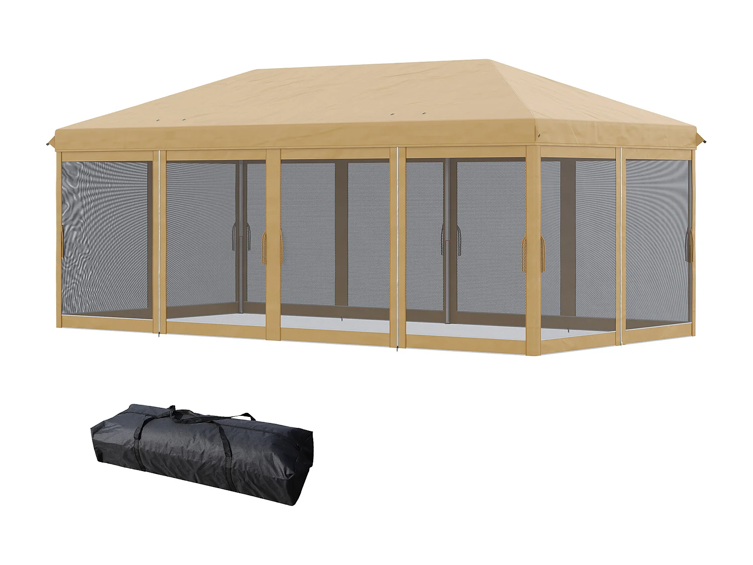 Tonnelle barnum pliant style colonial dim. 5,85L x 2,95l x 2,7H m 6 moustiquaires sac de transport beige noir