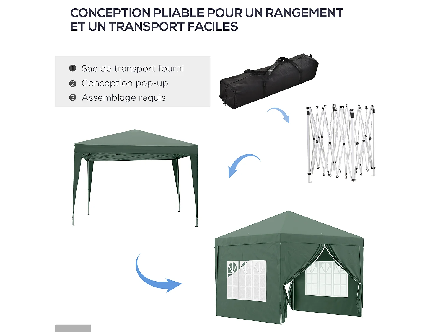 Tonnelle barnum pop-up pliant dim. 3L x 3l x 2,58H m 2 fenêtres sac transport acier Oxford vert