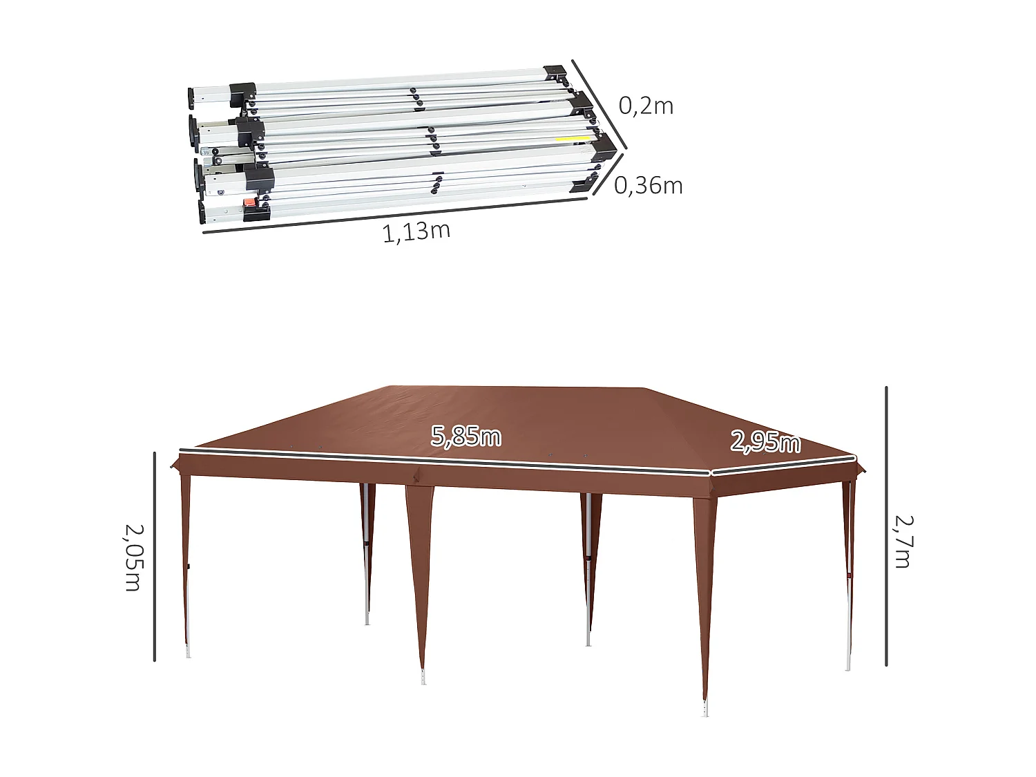 Tonnelle barnum de jardin pop-up pliant 5,85L x 2,95l x 2,7H m sac inclus acier époxy oxford haute densité marron