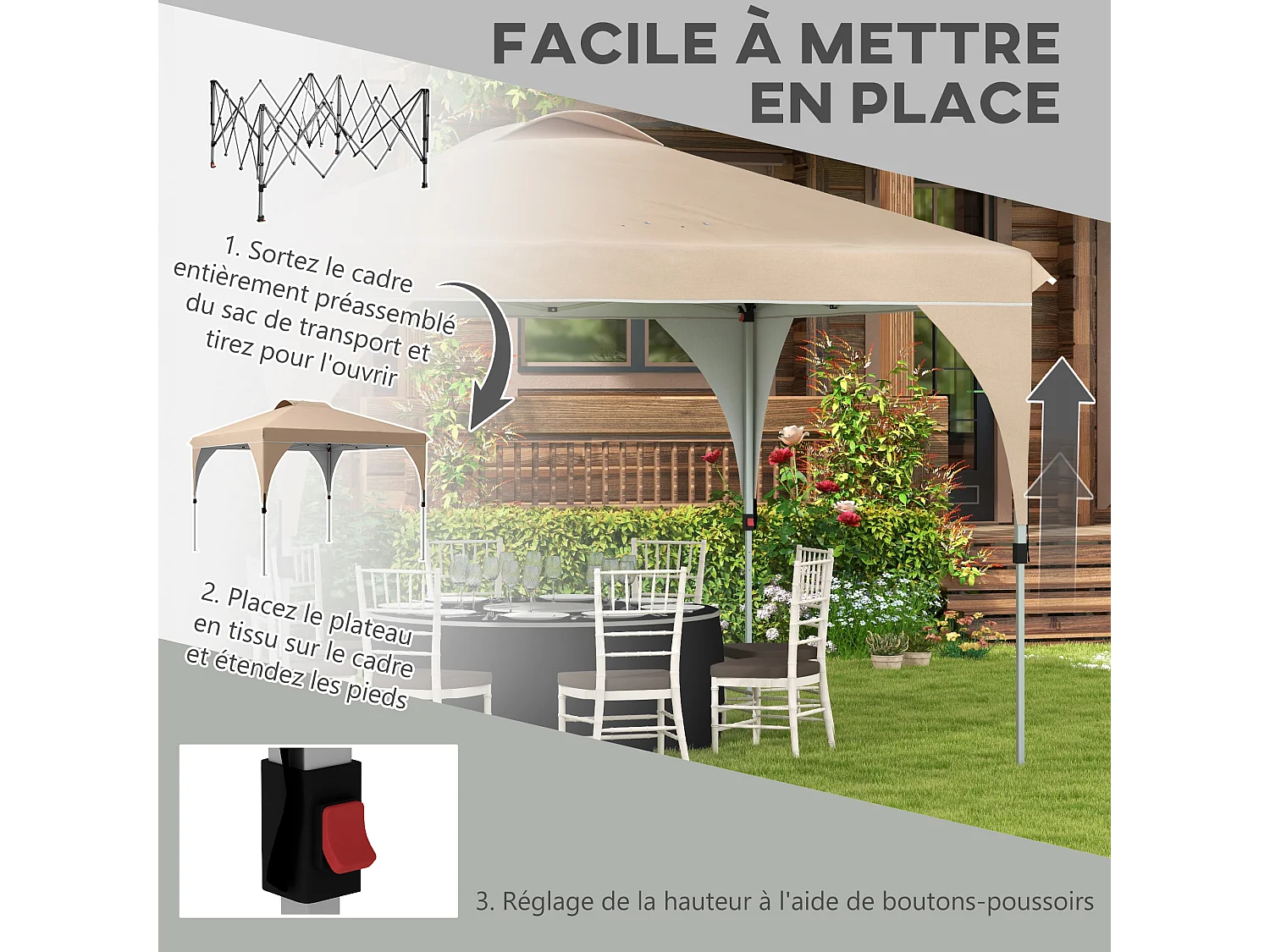 Tonnelle barnum pop-up pliant 3 x 3 m sac de transport beige