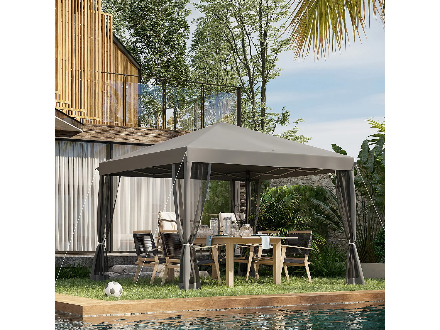 Tonnelle barnum pliant style colonial 2,95L x 2,95l x 2,6H m 4 moustiquaires + sac de transport gris