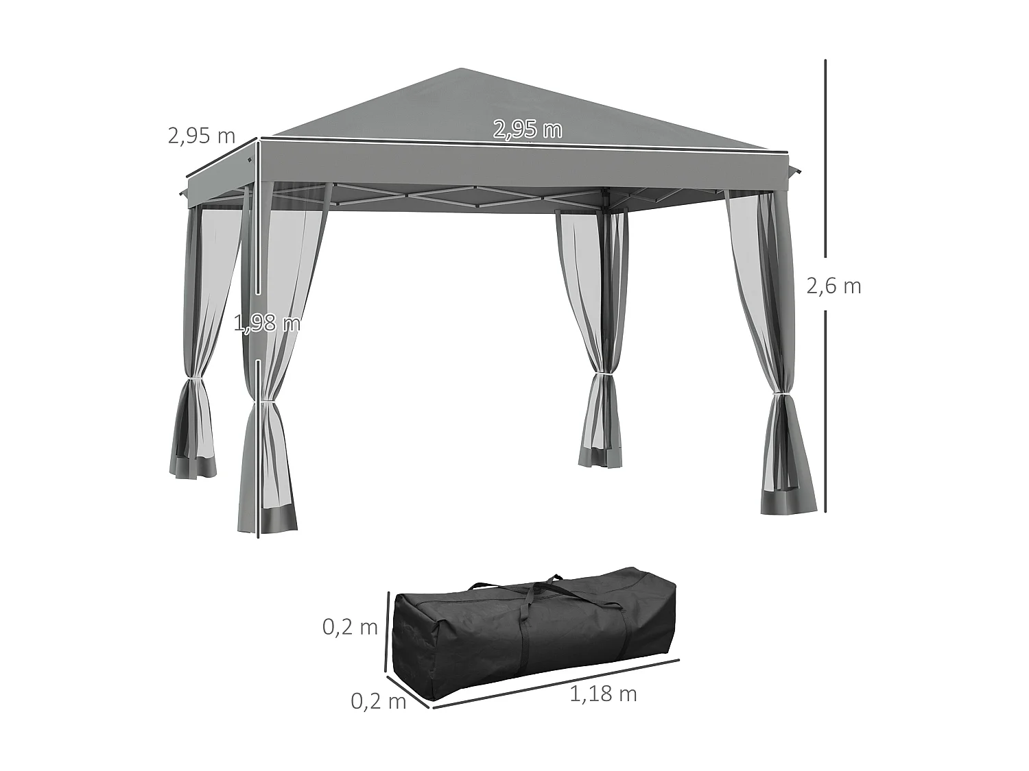 Tonnelle barnum pliant style colonial 2,95L x 2,95l x 2,6H m 4 moustiquaires + sac de transport gris