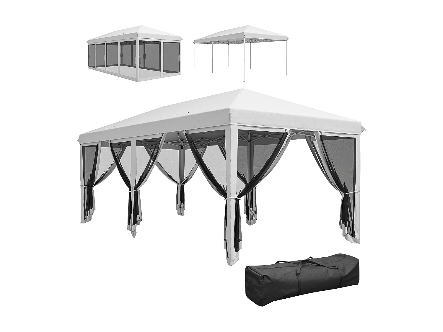 Tonnelle barnum pliant style colonial dim. 5,85L x 2,95l x 2,7H m 6 moustiquaires sac de transport blanc noir