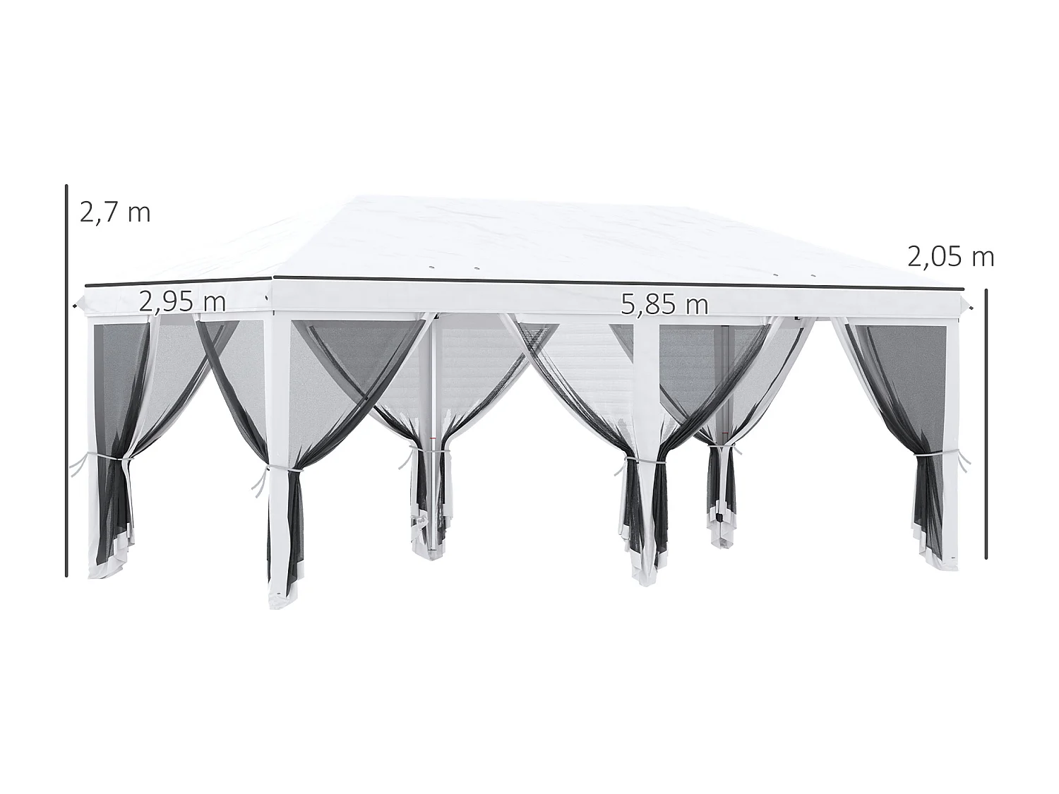 Tonnelle barnum pliant style colonial dim. 5,85L x 2,95l x 2,7H m 6 moustiquaires sac de transport blanc noir