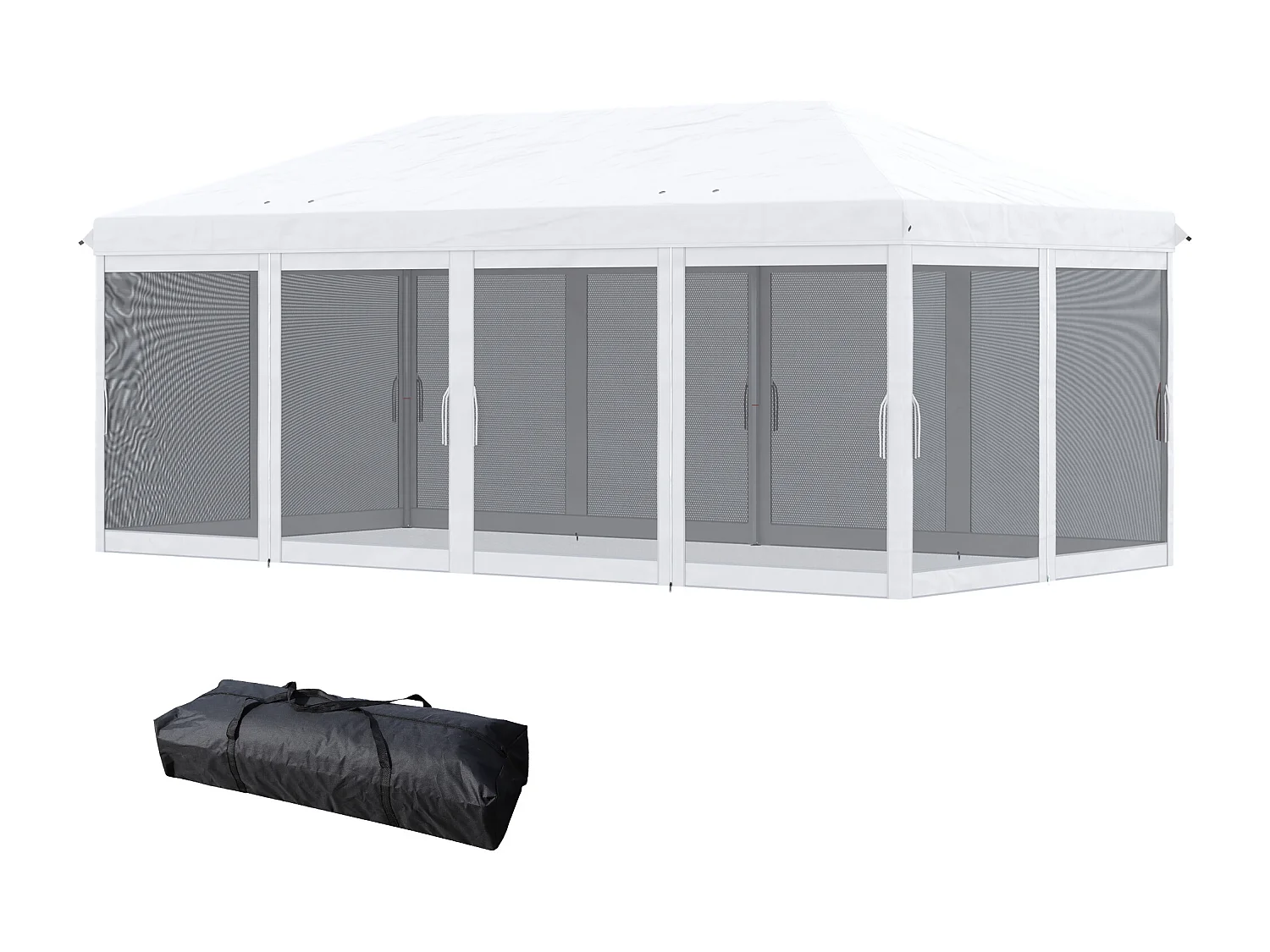 Tonnelle barnum pliant style colonial dim. 5,85L x 2,95l x 2,7H m 6 moustiquaires sac de transport blanc noir