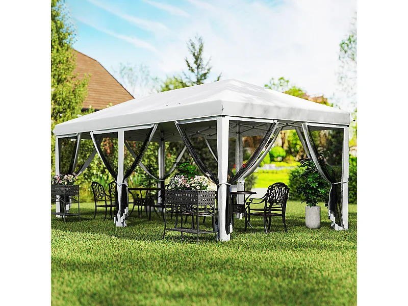 Tonnelle barnum pliant style colonial dim. 5,85L x 2,95l x 2,7H m 6 moustiquaires sac de transport blanc noir