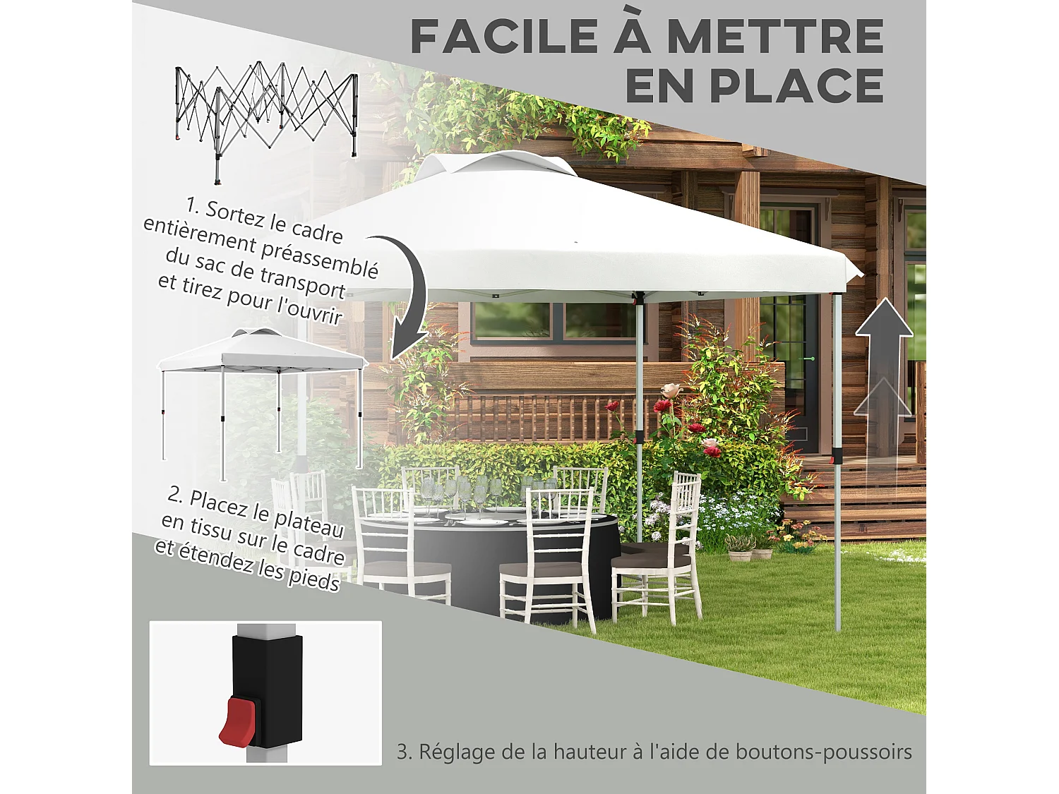 Tonnelle barnum pop-up pliant 3 x 3 m sac de transport à roulettes blanc