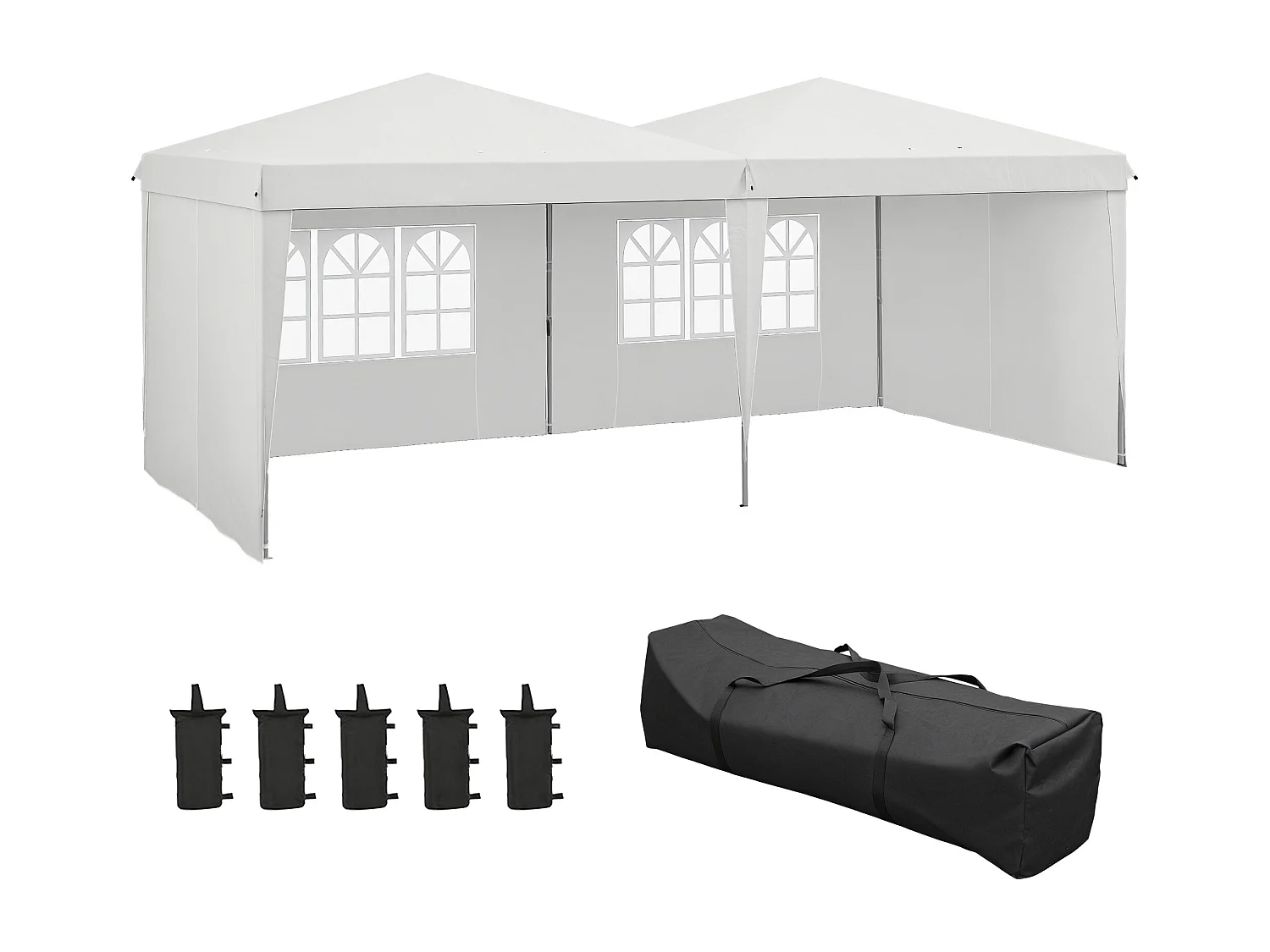 Tonnelle barnum pliant pop-up - 4 pans latéraux amovibles, 6 fenêtres, sac transport, 5 sacs lestage - acier Oxford blanc
