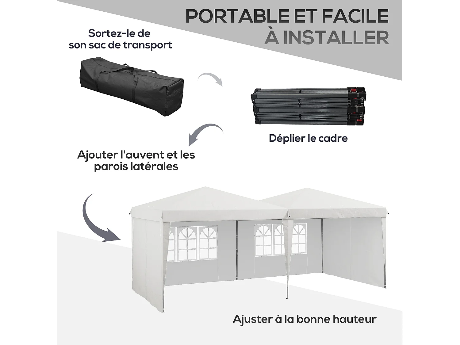 Tonnelle barnum pliant pop-up - 4 pans latéraux amovibles, 6 fenêtres, sac transport, 5 sacs lestage - acier Oxford blanc
