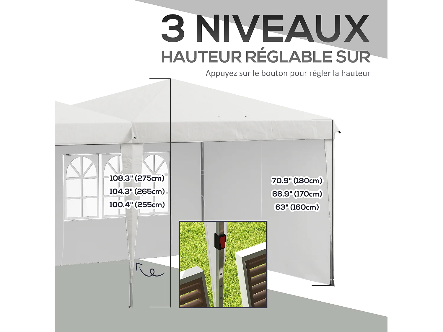 Tonnelle barnum pliant pop-up - 4 pans latéraux amovibles, 6 fenêtres, sac transport, 5 sacs lestage - acier Oxford blanc