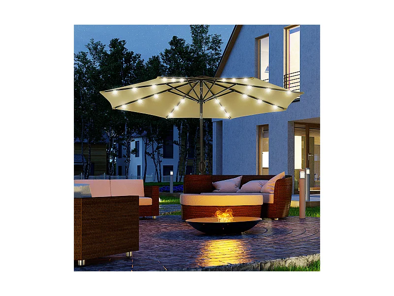 Parasol octogonal inclinable Ø 2,67 x 2,4 m lumineux solaire 24 LED polyester haute densité 180 g/m² kaki