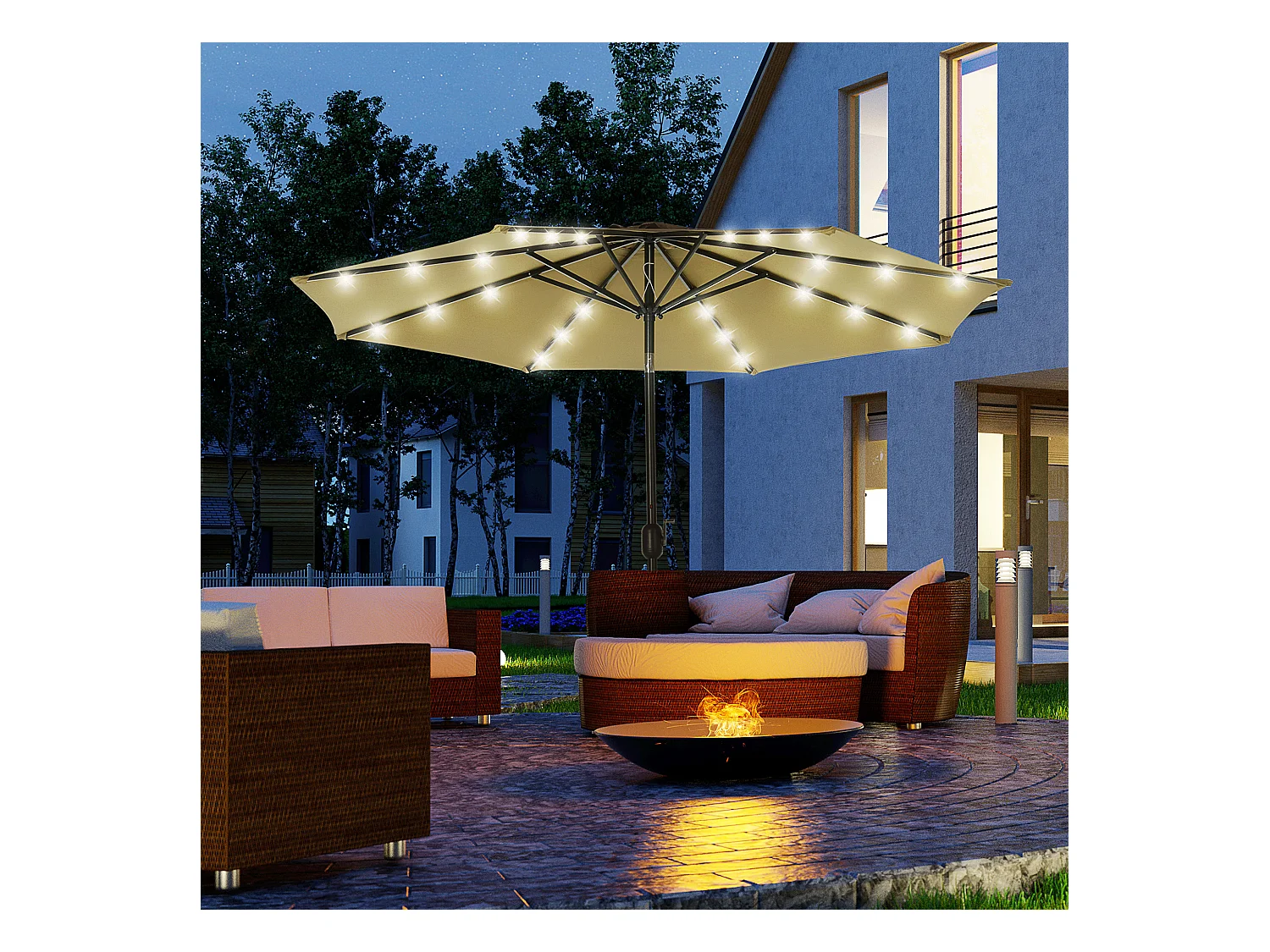 Parasol octogonal inclinable Ø 2,67 x 2,4 m lumineux solaire 24 LED polyester haute densité 180 g/m² kaki