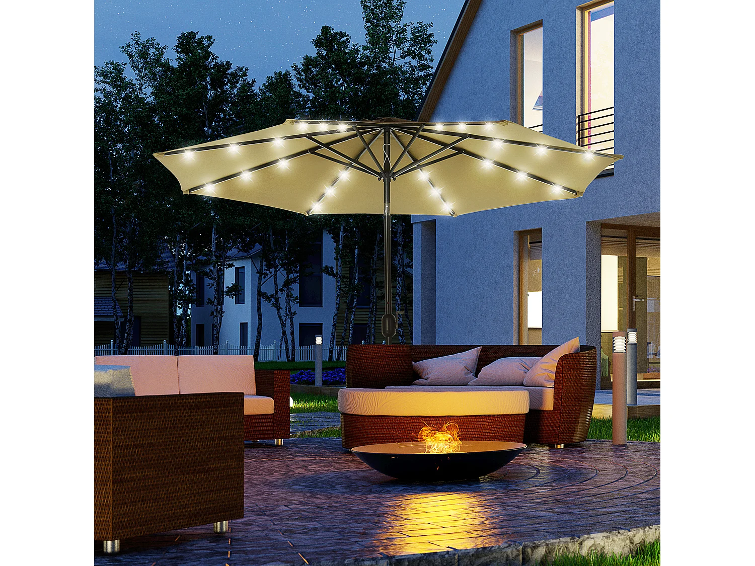 Parasol octogonal inclinable Ø 2,67 x 2,4 m lumineux solaire 24 LED polyester haute densité 180 g/m² kaki
