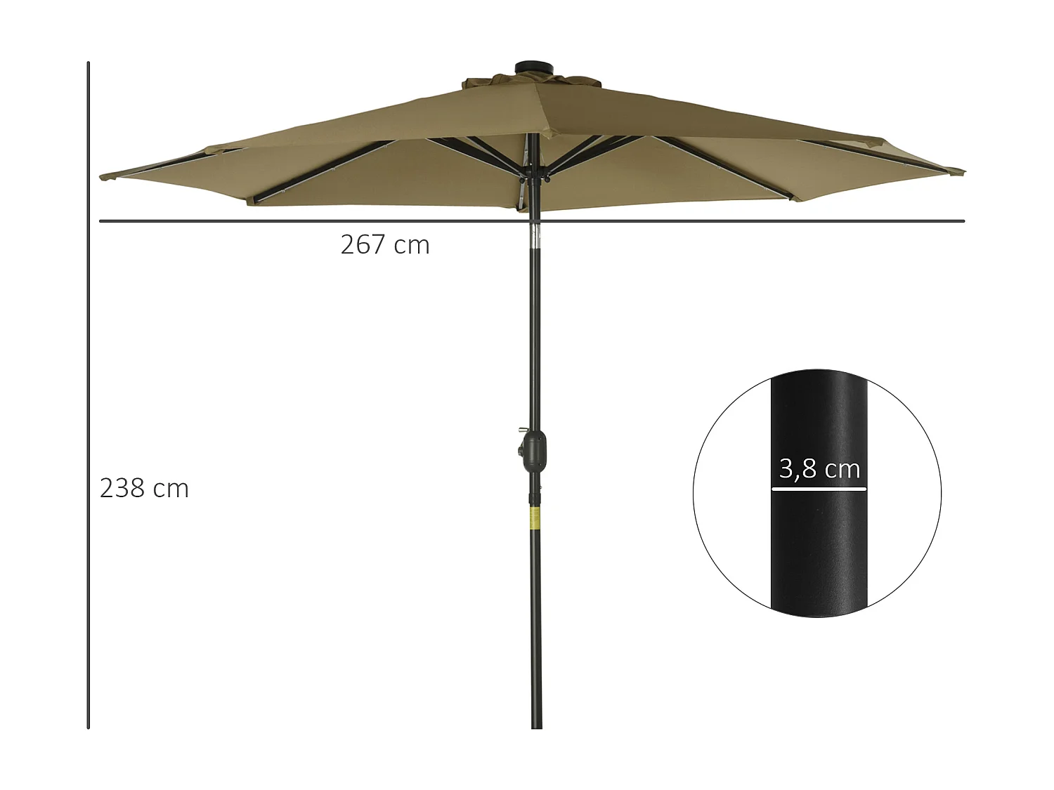 Parasol octogonal inclinable Ø 2,67 x 2,4 m lumineux solaire 24 LED polyester haute densité 180 g/m² kaki