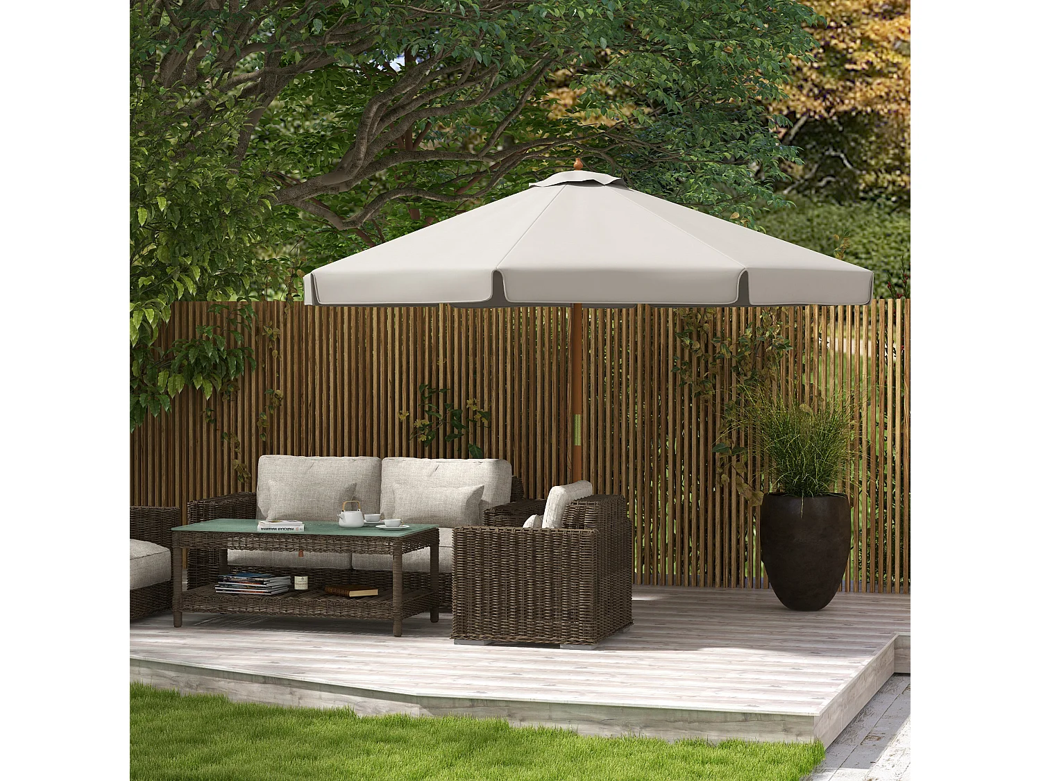 Parasol droit rond grande taille de jardin Ø 3,25 x 2,5H m bois de bambou polyester gris