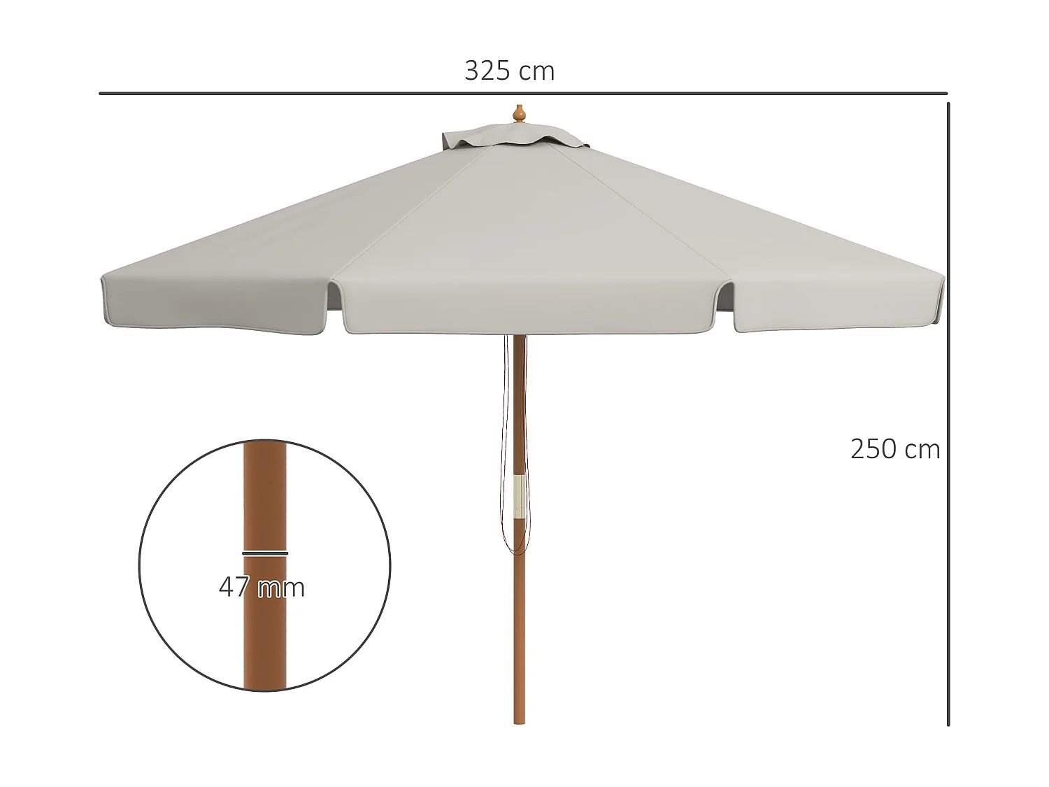Parasol droit rond grande taille de jardin Ø 3,25 x 2,5H m bois de bambou polyester gris