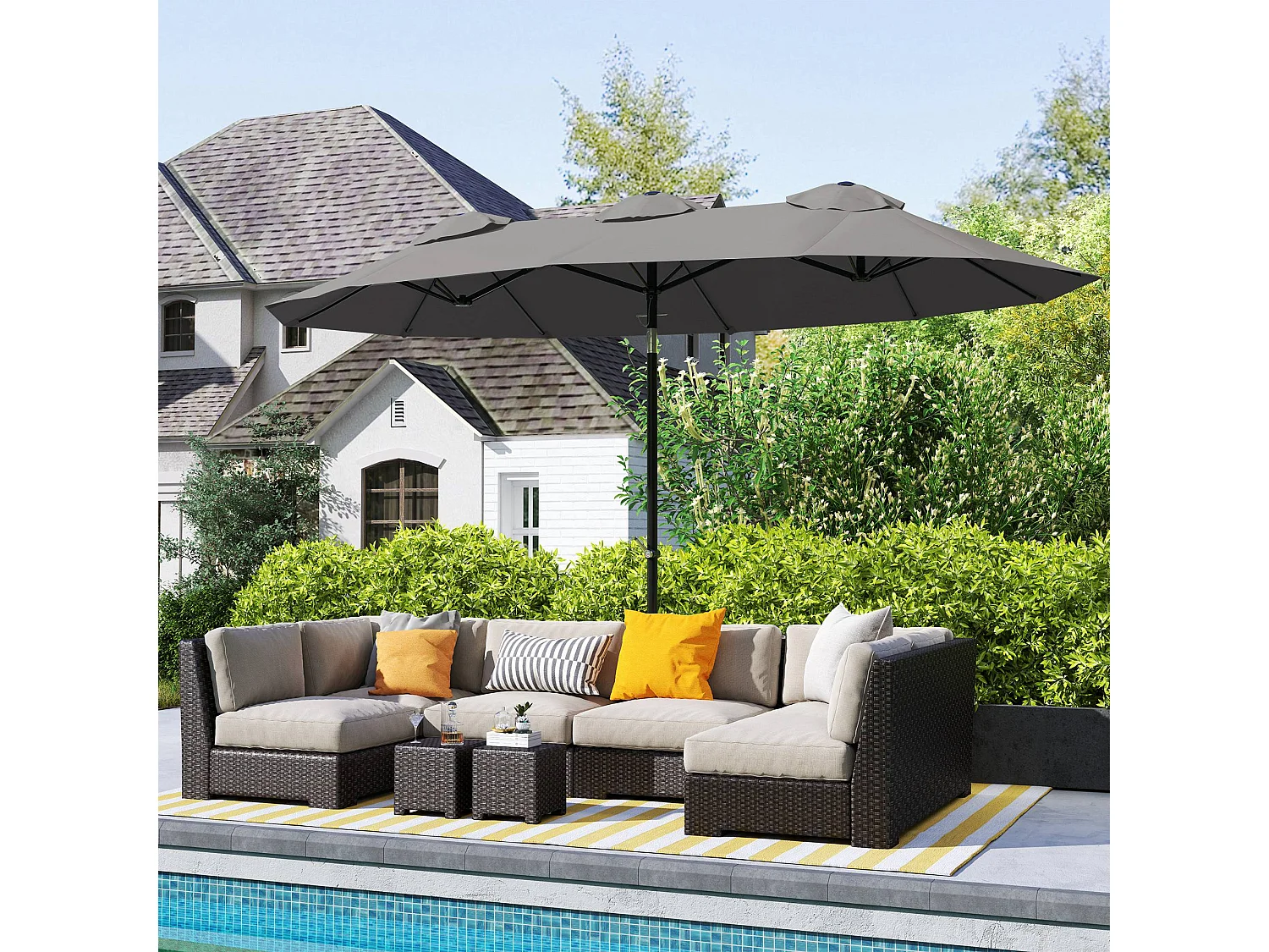 Parasol de jardin inclinable grande taille ouverture fermeture manivelle acier polyester haute densité gris