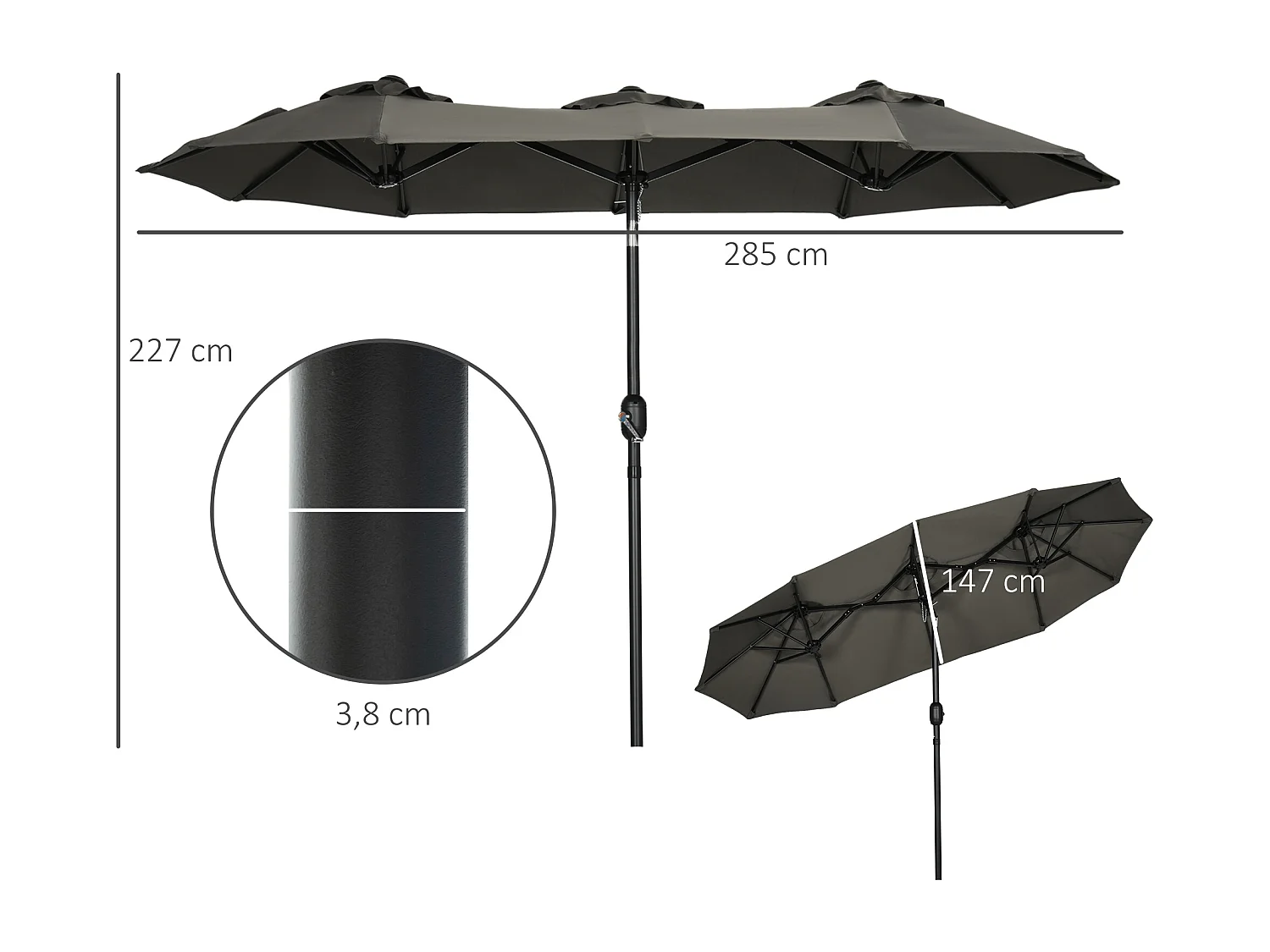 Parasol de jardin inclinable grande taille ouverture fermeture manivelle acier polyester haute densité gris