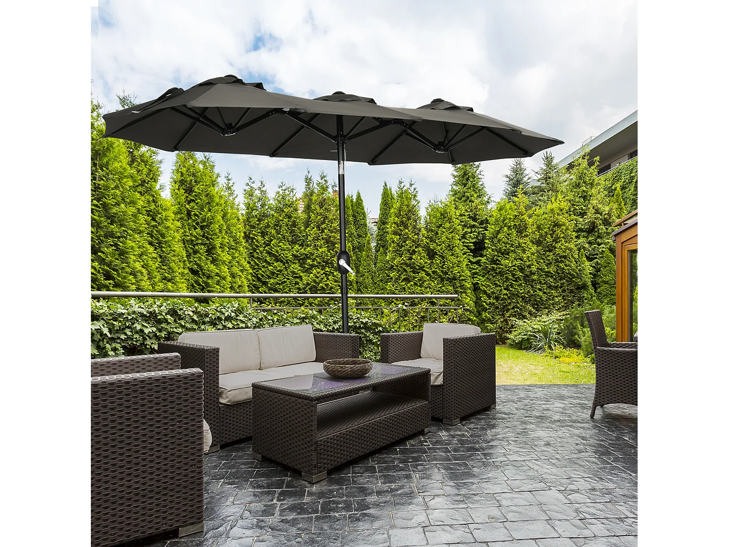 Parasol de jardin inclinable grande taille ouverture fermeture manivelle acier polyester haute densité gris
