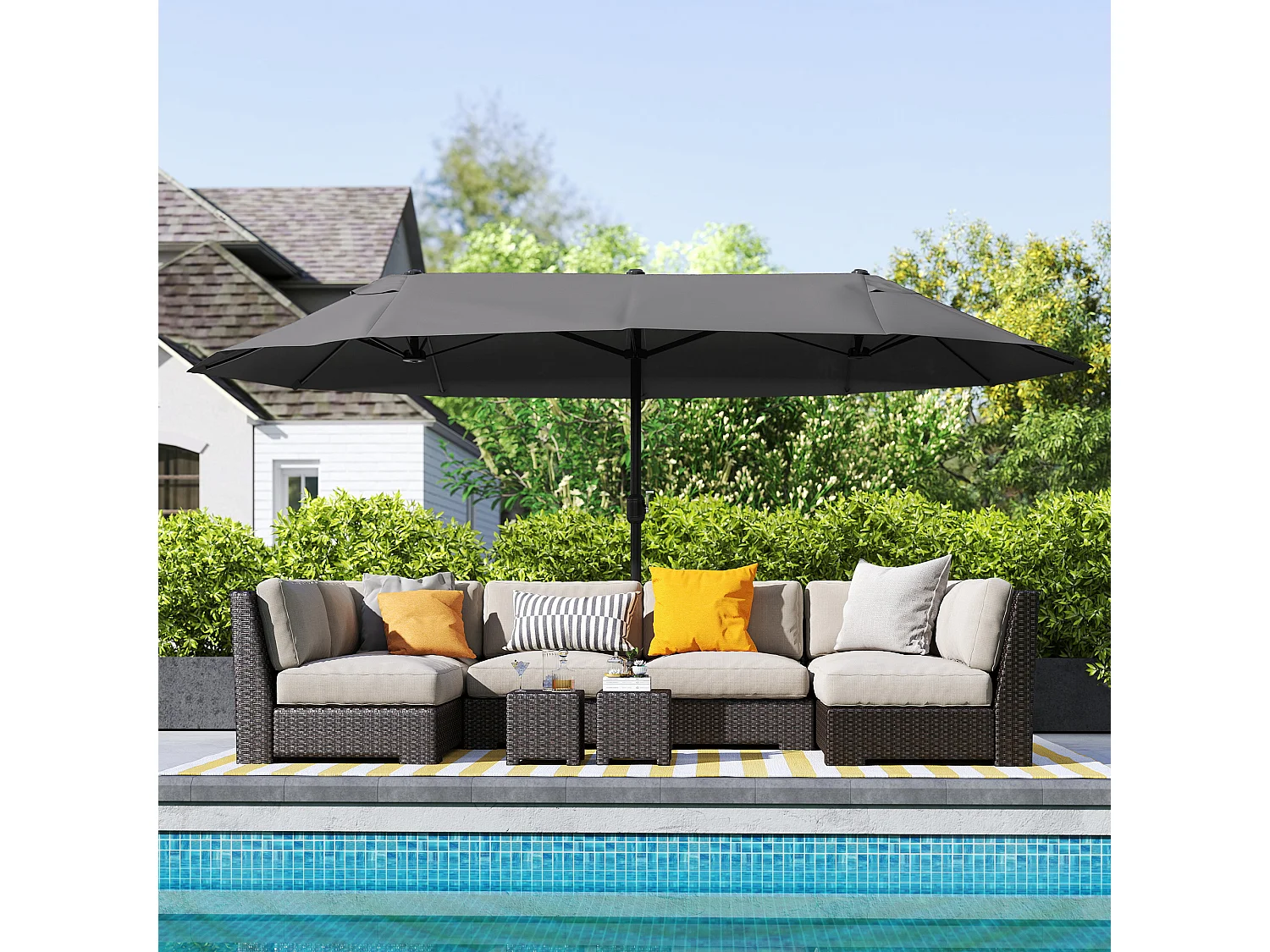 Parasol de jardin XXL parasol grande taille 4,6L x 2,7l x 2,4H m ouverture fermeture manivelle acier polyester haute densité noir
