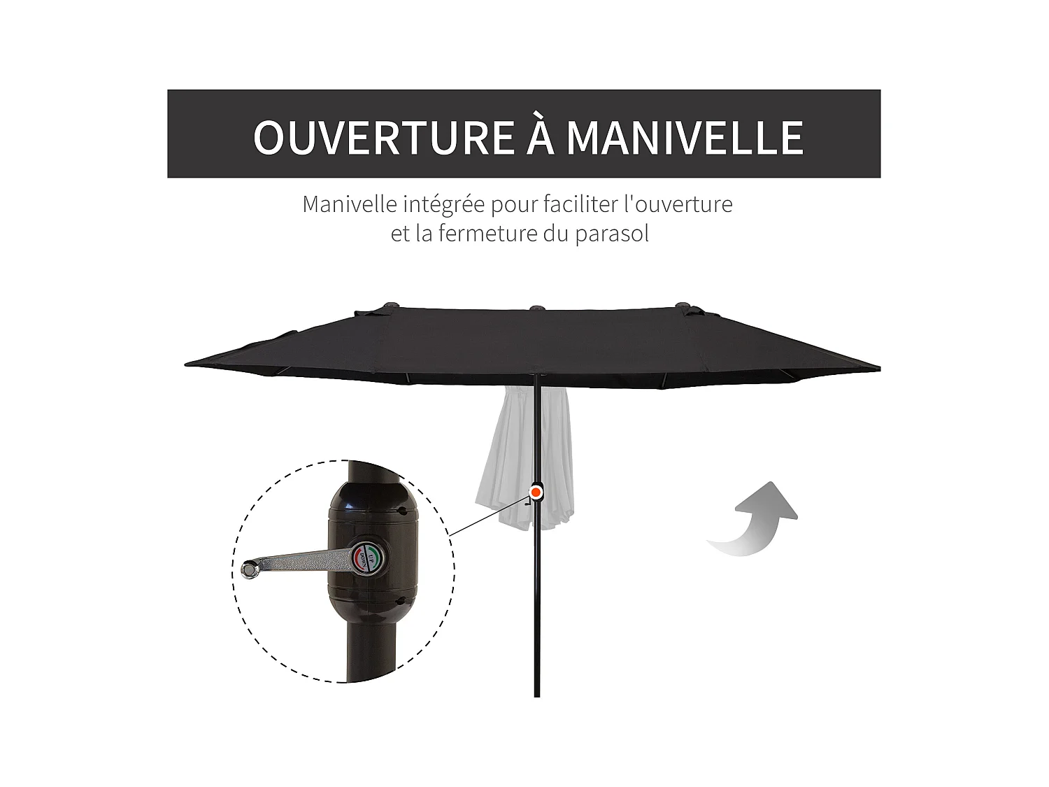 Parasol de jardin XXL parasol grande taille 4,6L x 2,7l x 2,4H m ouverture fermeture manivelle acier polyester haute densité noir